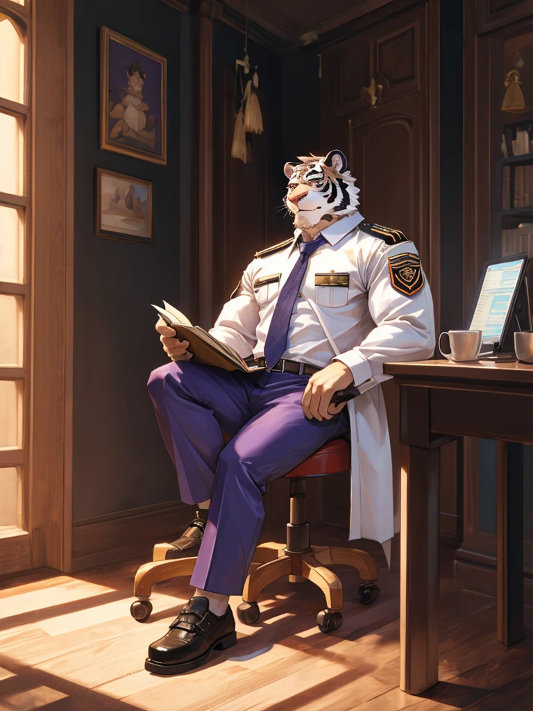 {{bara extremely handsome white tiger,}} {{white fur,}} white, wearing military like purple trench coat purple trousers and white dress shirt and necktie, white fluffy furry body and limbs, loafers, very tall, very broad shoulders, narrow waist, muscular arms, massive pecs, purple eyes, very long legs, sitting on swivel chair with legs spread, reading file, sophisticated smart look, full body, sunlight casting over, 3/4 view, best quality, high quality, silver earring on left ear, dead stare, cold expression