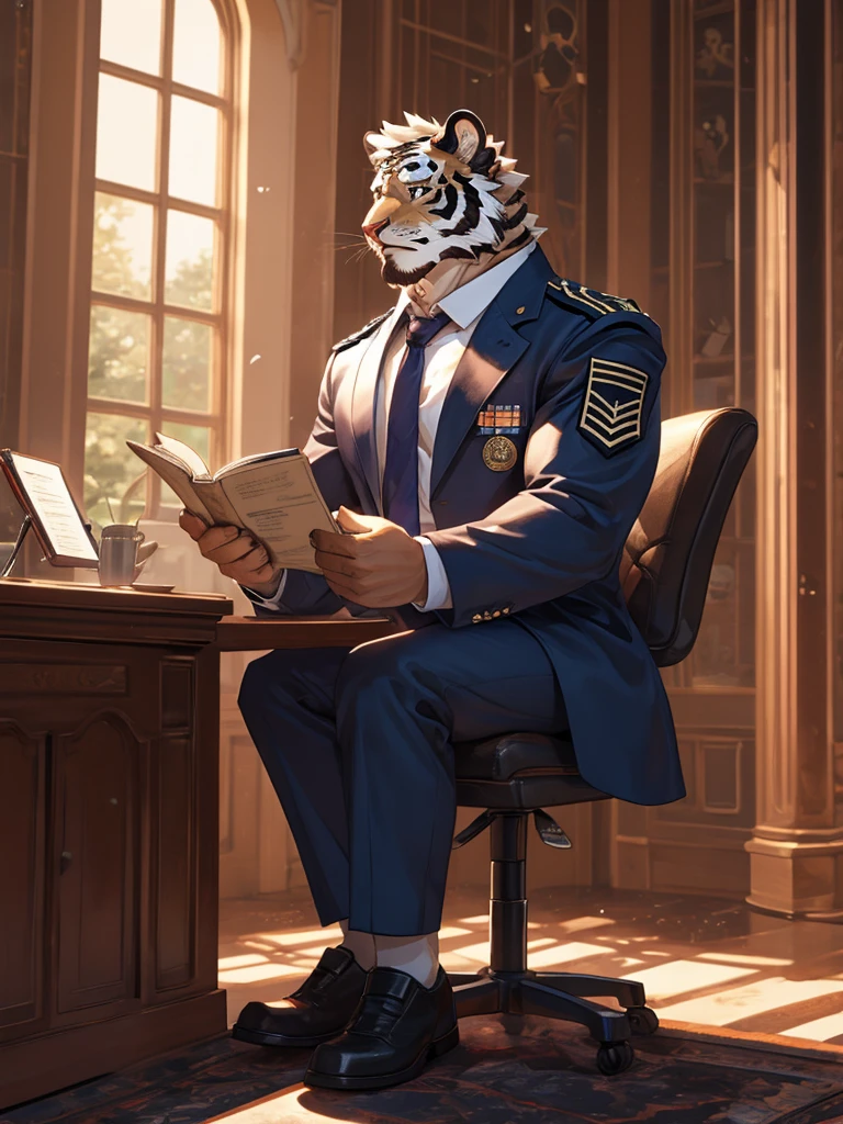 {{bara extremely handsome white tiger,}} {{white fur,}} white, wearing military like purple trench coat purple trousers and white dress shirt and necktie, white fluffy furry body and limbs, loafers, very tall, very broad shoulders, narrow waist, muscular arms, massive pecs, purple eyes, very long legs,  sitting on swivel chair with legs spread, reading file, sophisticated smart look, full body, sunlight casting over, 3/4 view, best quality, high quality, silver earring on left ear, dead stare, cold expression