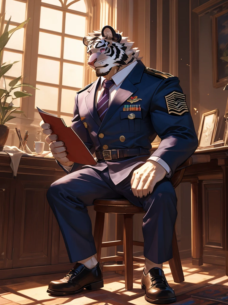 {{bara extremely handsome white tiger,}} {{white fur,}} white, wearing military like purple trench coat purple trousers and white dress shirt and necktie, white fluffy furry body and limbs, loafers, very tall, very broad shoulders, narrow waist, muscular arms, massive pecs, purple eyes, very long legs, sitting on swivel chair with legs spread, reading file, sophisticated smart look, full body, sunlight casting over, 3/4 view, best quality, high quality, silver earring on left ear, dead stare, cold expression