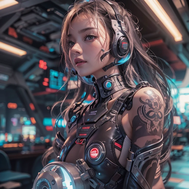Riding a futuristic spaceship、Hair flow、 ((Highest quality、masterpiece、8K、Best image quality、Ultra-high resolution、Award-winning works)、(Accurate anatomy:1.1)、(Look at me and smile:1.1)、Shining fair skin with Ultra-high resolution、The most detailed face、Ultra-high resolution detailed face、Ultra-high resolutionの髪の毛、(Ultra-high resolutionの煌めく瞳:1.1)、Beautiful face drawn in every detail、(Blurred Background:1.1)、Cyberpunk Clothing, Chest to chest, tattoo, desert