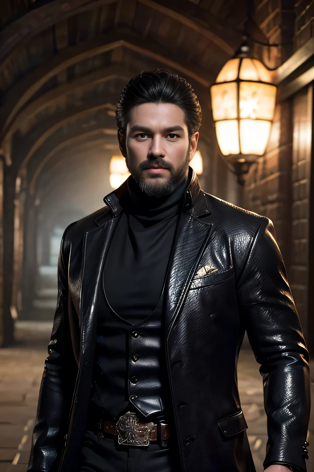 1boy, cowboy shot of re8dfield, beard, facial hair, black coat, turtleneck, volumetric lighting, best quality, masterpiece, intricate details, tonemapping, sharp focus, hyper detailed, trending on Artstation, looking at viewer, realistic