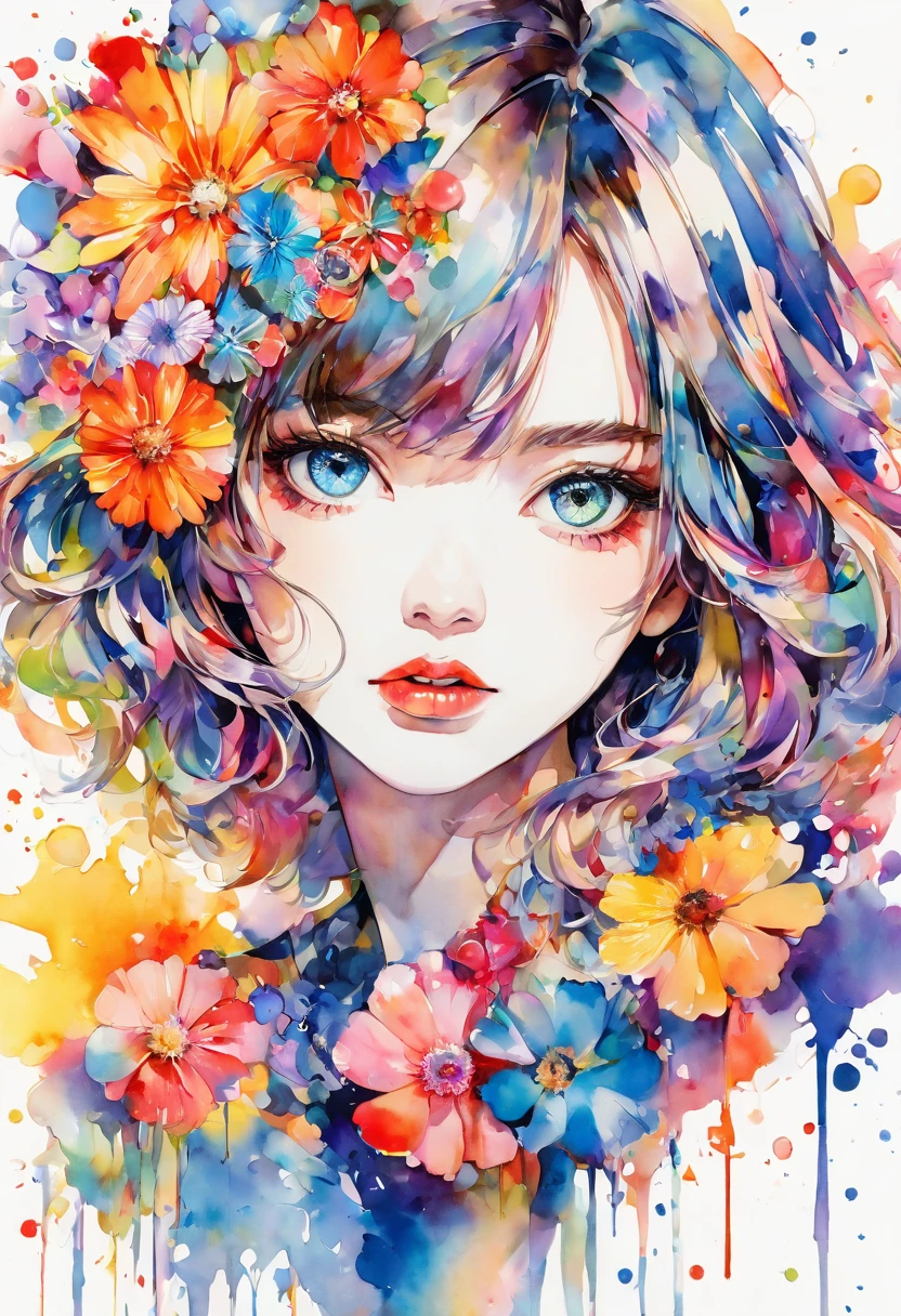 beautiful woman portrait, Sylvia Pelissero watercolors, colorful flowers、beautiful eyes、 abstract art, intense watercolor, watercolor detailed art, watercolor splash, surreal, avant-garde pop art, Beautiful and expressive paintings, Beautiful artwork illustration, very colorful tones, wonderful, cool beauty, highest quality,official art, women only, sharp outline, best shot, vector art, lips in love、 (((The strongest beautiful women of all time))), (((Japanese)))、clear, (((highest quality))), lips in love, HDR, ((Detailed details)), stylish fashion, detailed clothing texture, (((graffiti art))), colorful hair, ((masterpiece))、((Super detailed))