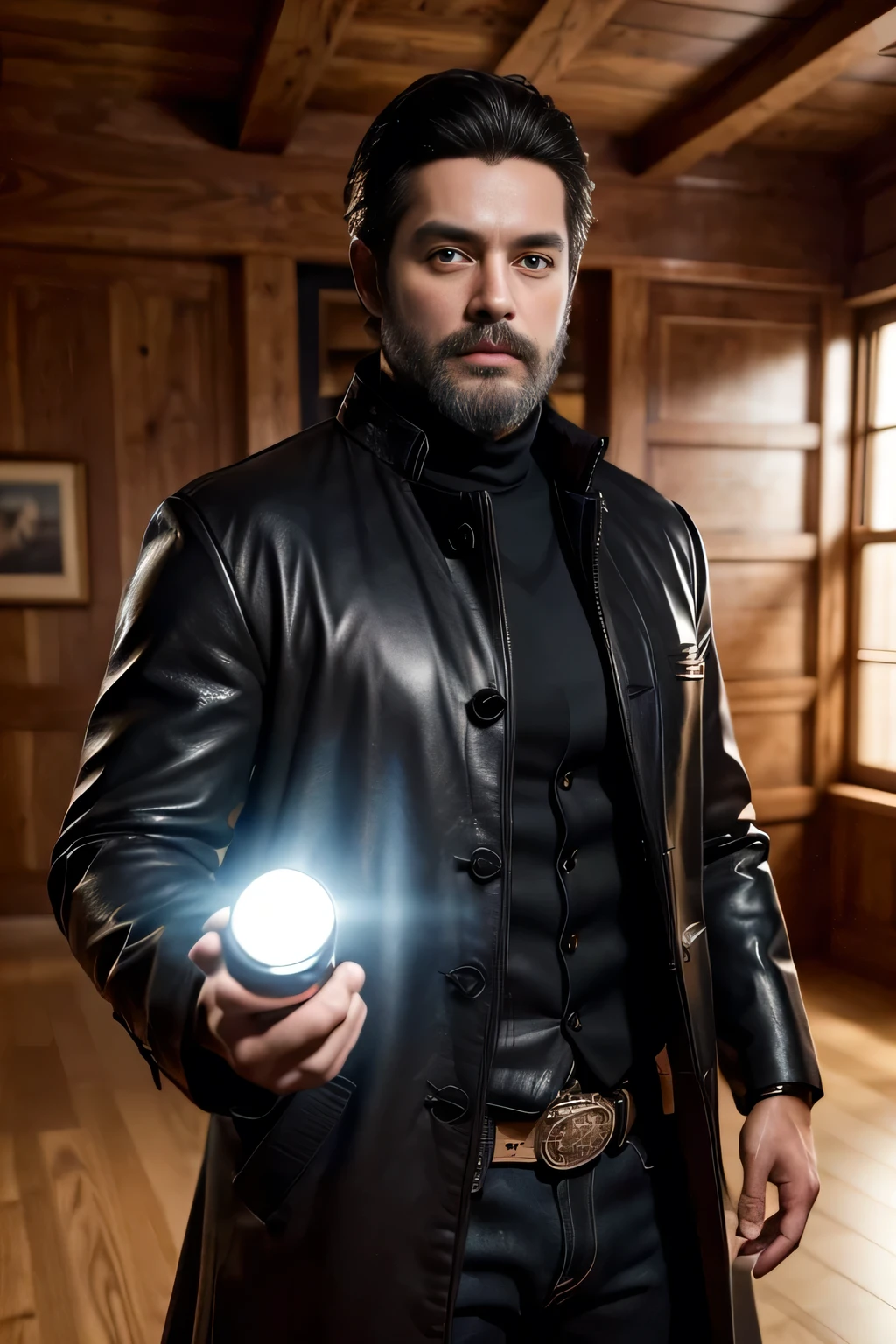 1boy, cowboy shot of re8dfield, beard, facial hair, black coat, turtleneck, volumetric lighting, best quality, masterpiece, intricate details, tonemapping, sharp focus, hyper detailed, trending on Artstation, looking at viewer, realistic
