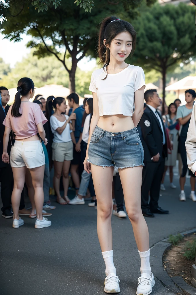 (((best quality))),(((ultra detailed))),(((masterpiece))),illustration,((1 beautiful girl,solo)),((slim,thin)),((small breasts,flat chest)), outside school gate, summer twilight, sunlight,(short ponytail:1.3),((white short-sleeved shirt)),((clavicalis,navel)),((navy blue sports shorts,slender legs,white socks,slippers)),animated face, excited eyes, sounds of laughter, chatter, excitement of summer vacation, air filled with energy, school gate golden glow, symbol of end of academic year, schoolyard transformed, reunion, farewells, embracing setting sun, face illuminated, moment captured, fleeting instant, essence of summer, carefree spirit, youthful exuberance, embodiment of season, sun dips, rosy glow, joy of living,promise of adventures,((standing,from front,full body)),(surrounded by crowded crowds:1.3),(arms behind back:1.3)