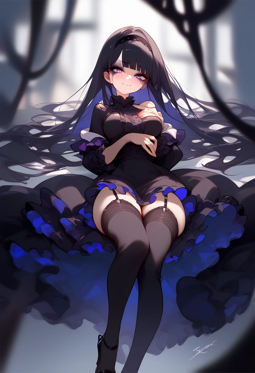 (masterpiece),(score_9,score_8_up,score_7_up),best quality, expressive eyes, perfect face, natural lighting, blurred background, 1girl, (purple eyes, swirly eyes), ((black hair, smooth hair, long hair)), (medium breasts, wide thighs, slim waist), (black hairband, black off shoulder frilled dress, thigh-highs, garter straps, high heels, gothic makeup), ([blush], smirk, smug face, tease), (full body, front view, leaning front, hand over breasts, seductive pose), (messy bedroom background)