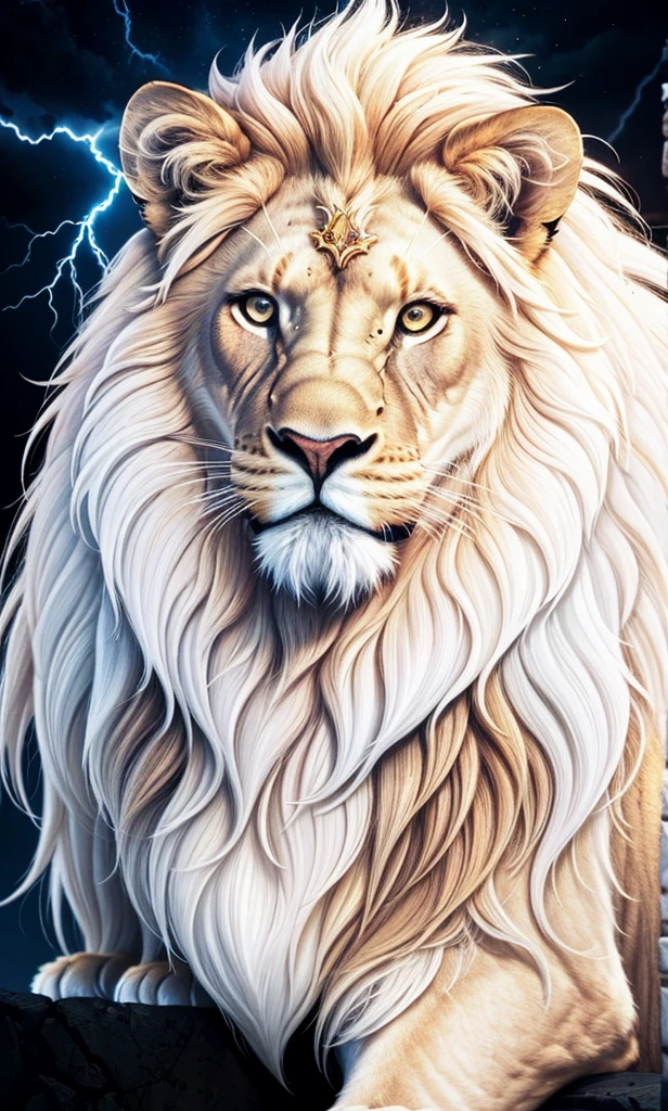 Lion, Divine Lion, naturals, thunder, Realistic Lion, rey, realistic detailed, Sunset light, sky, Sol noturno, realistic detailed 16K, Eletricidade Detalhada 8K, Darkness Background, Texturas realistas de 8K, Cores photorrealistic 8K, fire azul, realistic detailed Fire Bolt, sky Light Detailed, Power of thunder, Realistic Divine, golden crown, golden crown, golden crown, naturey, Linda, Rendering, photorrealistic, UltraHigh definition, 4K, detailed textures, thunder, detailed shadows, detailed colors, neon blue, blue light, lightning strikes, blue power, naturey Linda, Great Divine, peaceful face, naturalss, lightning strike, Electric Power Screw, detailed contrast, realistic contrast, high resolution, detailed colors, fire, villany, divine creature, 8K FullHD, realistic detailed, 16K, 8K, High definition, detailed contrast, realistic contrast, high resolution, detailed colors, fire, villany, divine creature, 8K Realistic Lion Face, realistic detailed, chic, elegance