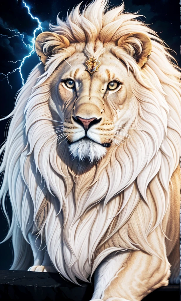 Lion, Divine Lion, naturals, thunder, Realistic Lion, rey, realistic detailed, Sunset light, sky, Sol noturno, realistic detailed 16K, Eletricidade Detalhada 8K, Darkness Background, Texturas realistas de 8K, Cores photorrealistic 8K, fire azul, realistic detailed Fire Bolt, sky Light Detailed, Power of thunder, Realistic Divine, golden crown, golden crown, golden crown, naturey, Linda, Rendering, photorrealistic, UltraHigh definition, 4K, detailed textures, thunder, detailed shadows, detailed colors, neon blue, blue light, lightning strikes, blue power, naturey Linda, Great Divine, peaceful face, naturalss, lightning strike, Electric Power Screw, detailed contrast, realistic contrast, high resolution, detailed colors, fire, villany, divine creature, 8K FullHD, realistic detailed, 16K, 8K, High definition, detailed contrast, realistic contrast, high resolution, detailed colors, fire, villany, divine creature, 8K Realistic Lion Face, realistic detailed, chic, elegance