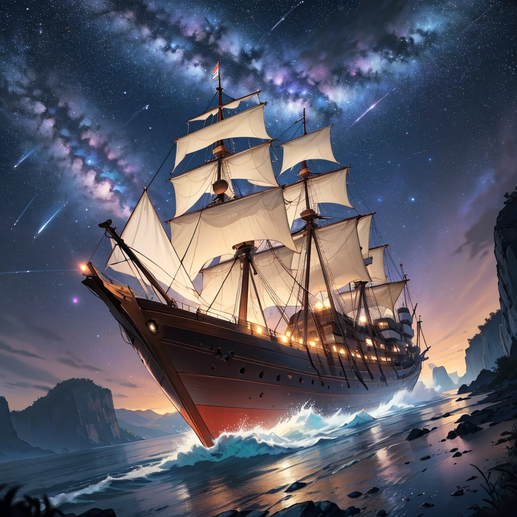 8K, masterpiece, Large Ship, Adrift in Space, planet, Solemn,Milky Way, Wooden boat,Stars Shining,One,Floating in the sky