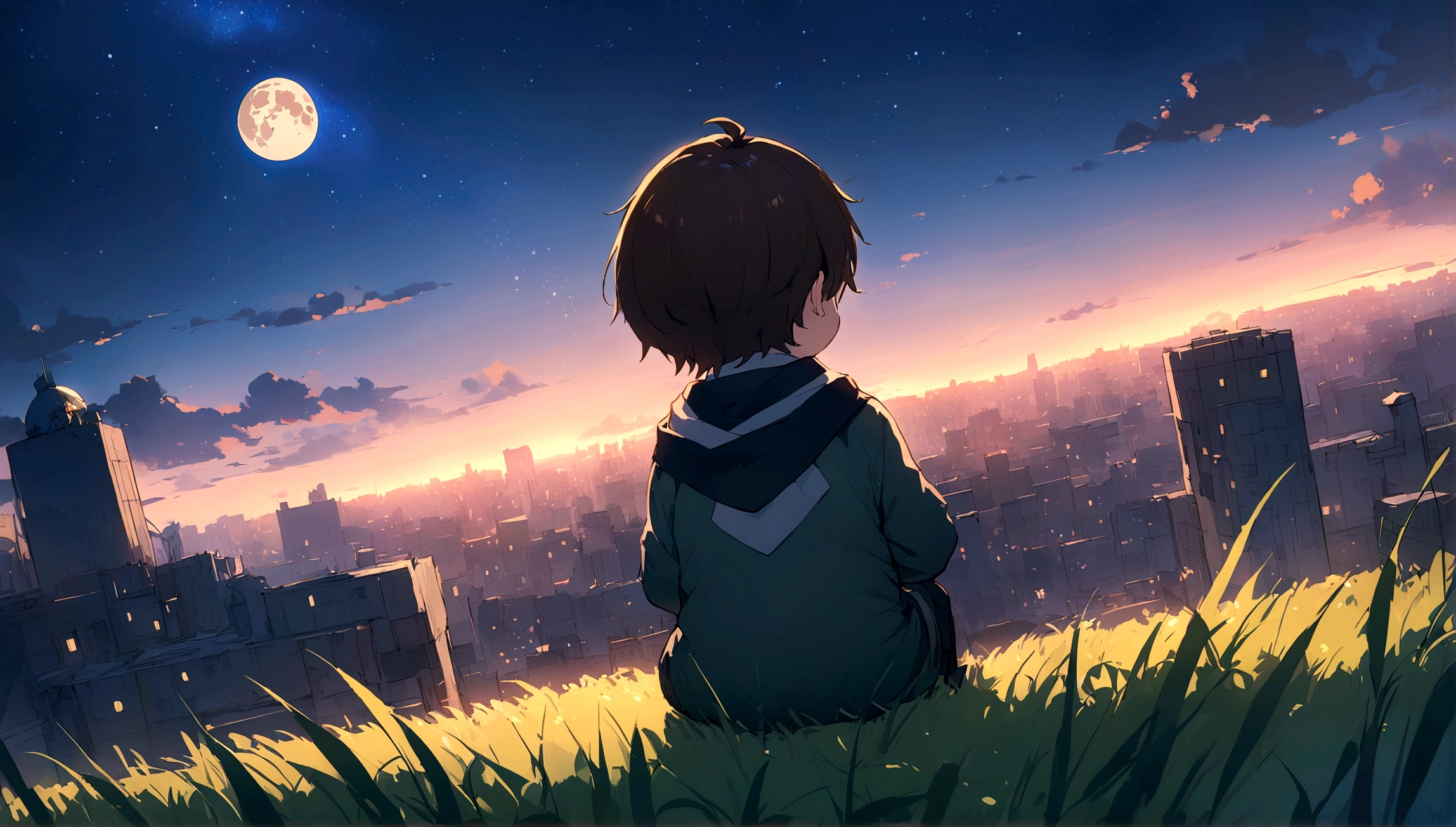 City of night、Night Skyは素晴らしい、Night Sky、3  sitting on top of a building、Brown Hair、Back view、The city is brightly lit by the moon、Highest quality、Anime Scenery、Xin Haichen、building、Field、Night Sky 110207, distant 3 year old little boy，（Zoom out：1.1），（Night Sky：1.2）、（Night Sky：1.1，yourname、Low Angle、From behind、Alola、Night Sky、grassland、Standing in the Field、Highest quality、masterpiece、cloud、colorful、Night Sky、