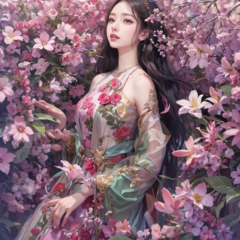 loose outfit、Show shoulders、How to wear a gown with a dark color see-through halter neck broken、Decorated with intricate patterns and dark colors、Transparent material that makes the skin shine、Artistic depiction of seductive woman in gown with wet thin cloth and transparent skin, Floral and fantastic pattern with flowing silky traditional see-through skin。Her dress draped elegantly around her curvaceous figure、Emphasizes her charming silhouette。She's a gentle fireworks night、Dynamic Posing、Sexy Posing、bathed in the soft glow of moonlight。The scene is、With a hint of mystery and sensuality、It exudes an ethereal dreamy atmosphere。The image style is、Incorporates a blend of watercolor and digital illustration techniques.、It makes you feel delicate beauty and charm。Soft moonlit lighting、Cast gentle highlights and shadows on her mesmerizing features。Dynamic Posing、Bold poses、The hand is somewhere、see -through、show through、A sexy、Wet hair、Wet、cherry trees、flower petals、cherryblossom、The cherry tree、Sakura blizzard、buried、Transparent skin、Wet clothes、Chest Pulling、Translucent clothes、Eau、nudde、