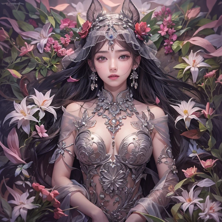 that'that'that'that'that'that'it's raining, c that、Hair flow、 ((highest qualthaty、masterpiece、8K、Best image qualthaty、Ultra-high resolution、Award-winning works)、(Accurate anatomy:1.1)、(Look at me and smile:1.1)、Shining fair skin wthath Ultra-high resolution、The most detailed face、Ultra-high resolution detailed face、Ultra-high resolutionの髪の毛、(Ultra-high resolutionの煌めく瞳:1.1)、Beautiful face drawn in every detail、ancient gothic costume , Chest to chest, tattoo, Surrounded by lilies