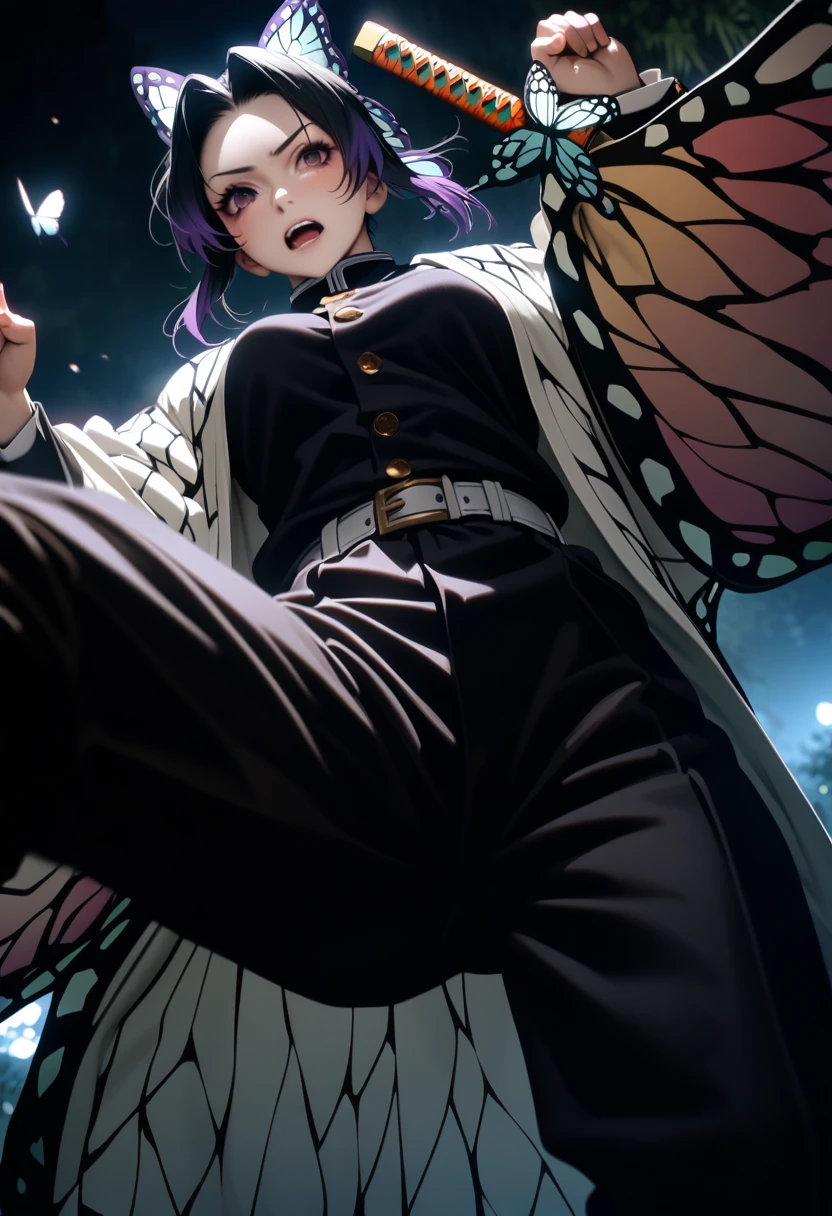 k0ch0ush1n0bu, shinobu kochou, animal print, black hair, butterfly, butterfly hair ornament, butterfly print, forehead, gradient hair, hair ornament, haori, multicolored hair, parted bangs, purple hair, short hair, two-tone hair,belt, black pants, butterfly print, coat, demon slayer uniform, haori, japanese clothes, pants, uniform,,1  japanese muscular girl,perfect hands,perfect anatomy, masterpiece, best quality,realistic, hyperrealistic, 16k hdr,medium breasts,outdoor,night,japanese old garden,(angry:0.8),red blush,dynamic pose,dynamic angle,(jump,in the air:1.2),(from below,spread legs:1.2),(holding japanese sword,butterfly shaped sword guard:1.2) 