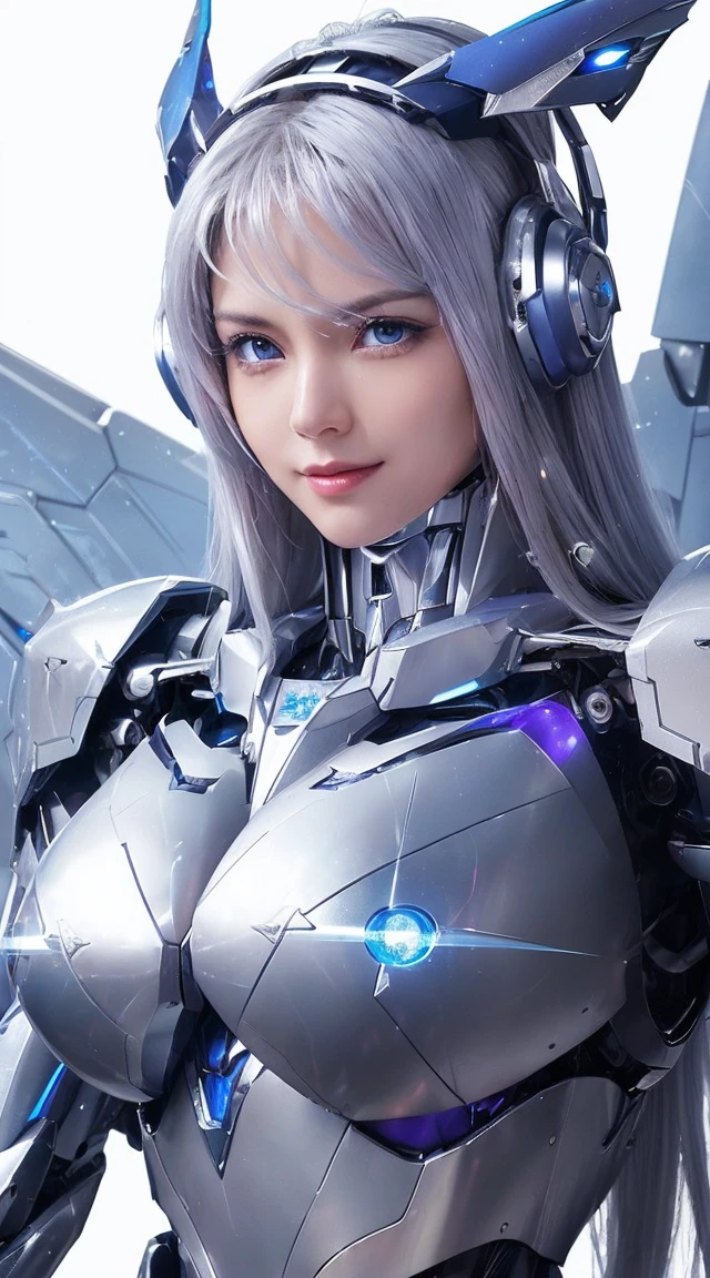 ((Extreme close up:1.6))、(((Lenses shining on both breasts:1.3)))、((Blue pillars of light radiate from both of his chests..:1.3))、break、(((Dynamic pose:1.8)))、smile、((8K)), ((32k)), ((Highest quality)), ((masterpiece)), ((超A high resolution)), ((Tmasterpiece)), ((Halation:1.4))、((Mechaニカルheadgear:1.2))、((Cyber Headphones:1.3))Fine skin, High quality fabric, High-quality metal texture、((Beautiful and dense face))、RAW Photos、Professional, Ultra-fine painting, ((alone)), Beautiful breasts、Highest quality, Very detailed, Very detailed詳細, Finer details, so beautiful, ((Princess Knight Robot:1.2)),  (Joint of the machine, Mechanical Limbs:1.3), (The internal structure of the machine is exposed:1.3), (Long silver hair:1.1), (Beautiful and huge mechanical breasts)、White Veil, cowboy_shot, Side Focus, headgear, Shiny、(Five Fingers, Four fingers and thumb),Concept Art, Anime fantasy artwork, Detailed fantasy art, (with pale blue-violet hair and large white wings,,,,,,,,), (((Long silver hair))), (Mecha:1.6)、Sleek and intimidating design, ((Commander-in-Chief&#39;arm)), (Perfect robot body)、純白と青紫のarmまたは, Symmetrical wings, 8K High Resolution, Detailed Art, 3D rendering of character art in 8K, neat legs, Defined, Defined fingers,((headshot:1.3))