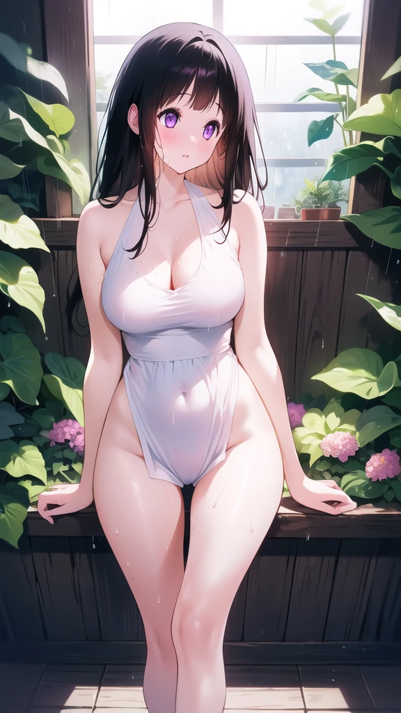 Chitanda,只有一个beautiful girl,Purple Eyes, Black Hair, Natural straight hair, Straight bangs,Extremely refined,open your lips,Face is so red,Very white skin,Skin as delicate as porcelain,Glowing skin,big eyes,Flowing long hair,beautiful girl, Like a dream,Slim,Slim waist,Soft, (Sensual), (Kawaii), Dream quality,Sweaty and sweaty,Wet skin,Side breasts,it is raining,Planting flowers in a greenhouse,White transparent dress,Profile,(Completely naked),Gluteal groove,The outline of the breasts is visible through clothing,Completely naked的背部,nacked hip,very close,Deep V neckline,Loose neckline,Beautiful big breasts,No pants,nopan,no pants,Bare shoulders,There are no shoulder straps,Exposed collarbone,Delicate clavicle,Delicate hands and feet,Bare neck,There are no clothes around the neck,Bare thighs,Exposed groin,Camel toe,extremely shy,Ultra-high resolution, (masterpiece:1.2, best quality), (Delicate and beautiful eyes: 1.2), (Beautiful and delicate face)