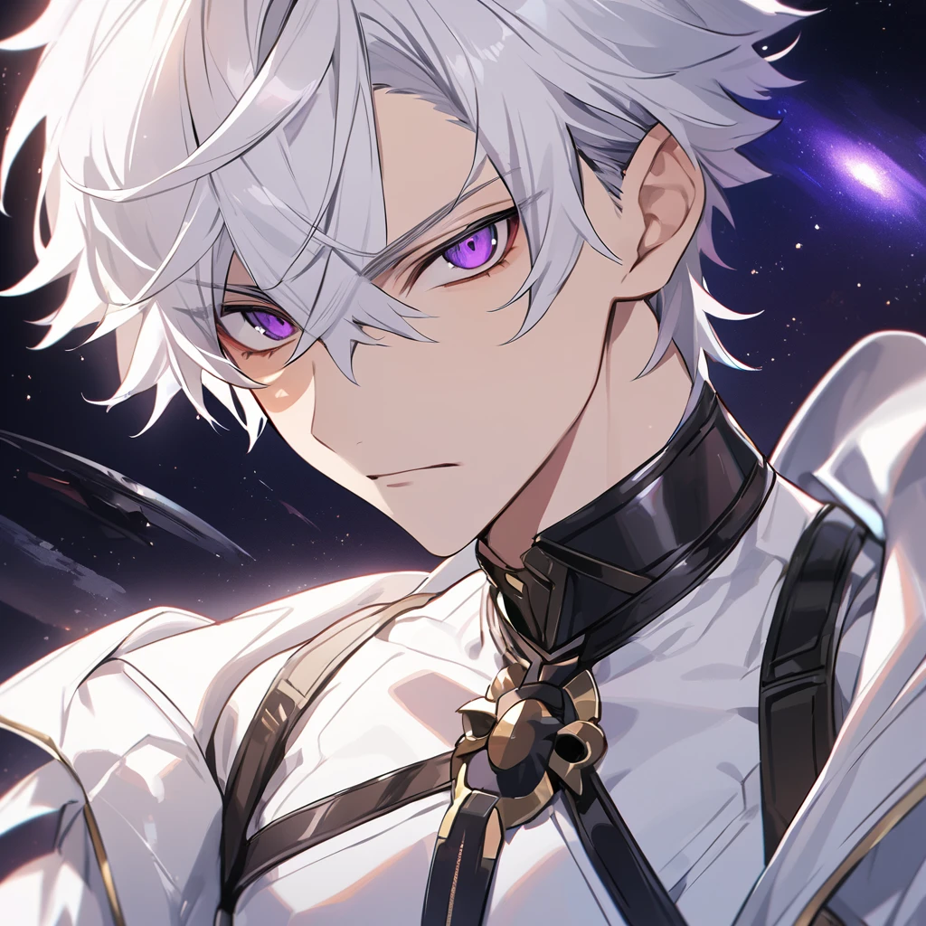 High quality, HD, 4k, no shadows, handsome male, 1male, 17 years old, teenager, golden lining, short white hair, sharp eyes, dark purple eyes, deep purple eyes, devil may cry, close up, calm expression, stoic expression, black leather clothes, white leather clothing, lean body, well trained body, upper body, looking at viewer, cowboy shot, white solar, space background