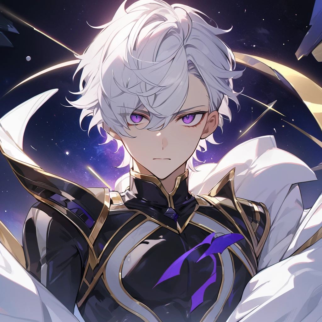 High quality, HD, 4k, no shadows, handsome male, 1male, 17 years old, teenager, golden lining, short white hair, sharp eyes, dark purple eyes, deep purple eyes, devil may cry, close up, calm expression, stoic expression, black leather clothes, white leather clothing, lean body, well trained body, upper body, looking at viewer, cowboy shot, white solar, space background