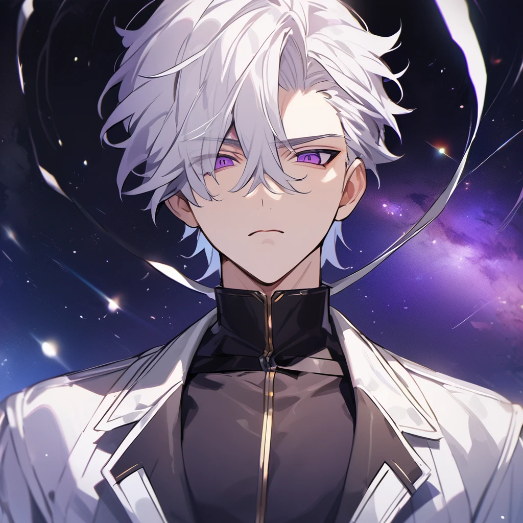 High quality, HD, 4k, no shadows, handsome male, 1male, 17 years old, teenager, golden lining, short white hair, sharp eyes, dark purple eyes, deep purple eyes, devil may cry, close up, calm expression, stoic expression, black leather clothes, white leather clothing, lean body, well trained body, upper body, looking at viewer, cowboy shot, white solar, space background