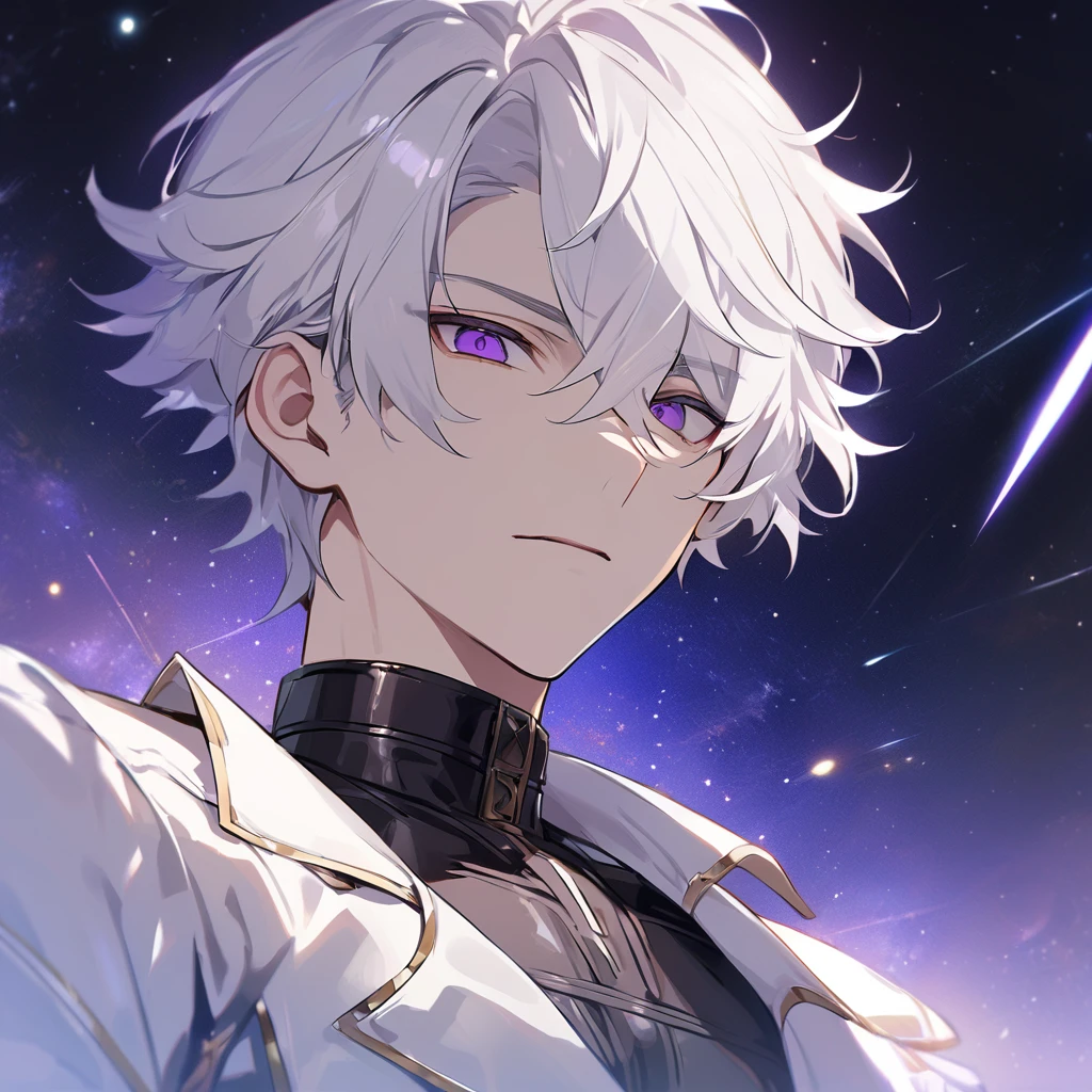 High quality, HD, 4k, no shadows, handsome male, 1male, , teenager, go lining, short white hair, sharp eyes, dark purple eyes, deep purple eyes, devil may cry, close up, calm expression, stoic expression, black leather clothes, white leather clothing, lean body, well trained body, upper body, looking at viewer, cowboy shot, white solar, space background