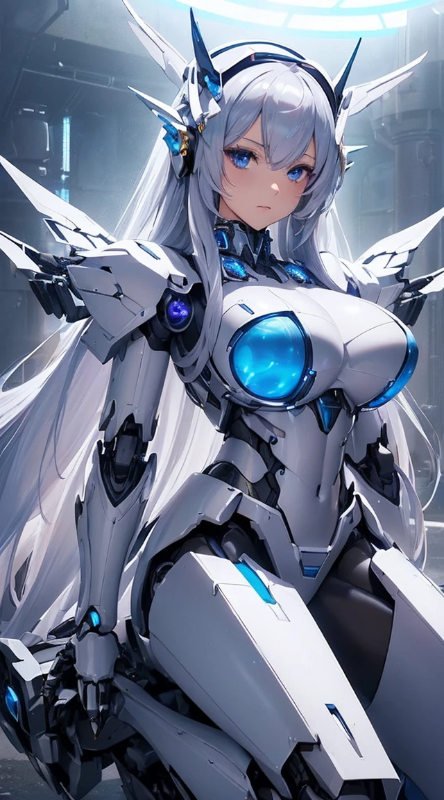 (Sit with one knee on the machine:1.6)、(Full body description:1.3)、((Shining lenses on both breasts:1.3))、((Blue pillars of light are emanating from both chests.:1.3))、smile、((8K)), ((32k)), ((Highest quality)), ((masterpiece)), ((超A high resolution)), ((Tmasterpiece)), ((Halation:1.4))、((Mechaニカルheadgear:1.2))、((Cyber Headphones:1.3))、Fine skin, High quality fabric, Fine metal texture、((Beautiful and dense face))、RAW Photos、Professional, Ultra-fine painting, ((alone)), Beautiful breasts、Highest quality, Very detailed, Very detailed詳細, Finer details, so beautiful, ((Princess Knight Robot:1.2)), (Joints of machines, Mechanical Limbs:1.3), (The internal structure of the machine is exposed:1.3), (Long silver hair:1.1), (Beautiful and huge mechanical breasts)、White Veil, cowboy_shot, Side Focus, headgear, Shiny、(Five Fingers, Four fingers and thumb),Concept Art, Anime fantasy artwork, Detailed fantasy art, (with pale blue-violet hair and large white wings,,,,,,,), (((Long silver hair))), (Mecha:1.6)、Sleek and intimidating design, ((Commander-in-Chief'arm)), (Perfect robot body)、純白と青紫armまたは, Symmetrical wings, 8K high quality, detailed art, 3D rendering of character art in 8K, neat legs, Defined, Defined fingers,