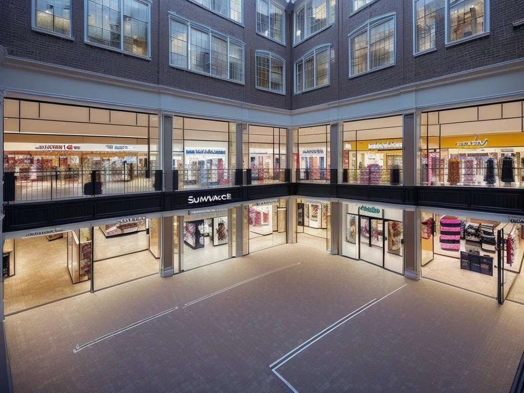 (((Masterpiece))), (high quality),(Very small shopping mall,Daytime.unmanned,All the lights are off:1.5),(All the stores are independent and all have one floor.:1.5),There is a parking lot in front of the shopping mall,There is no car in the parking lot,Low - Angle,From a human perspective