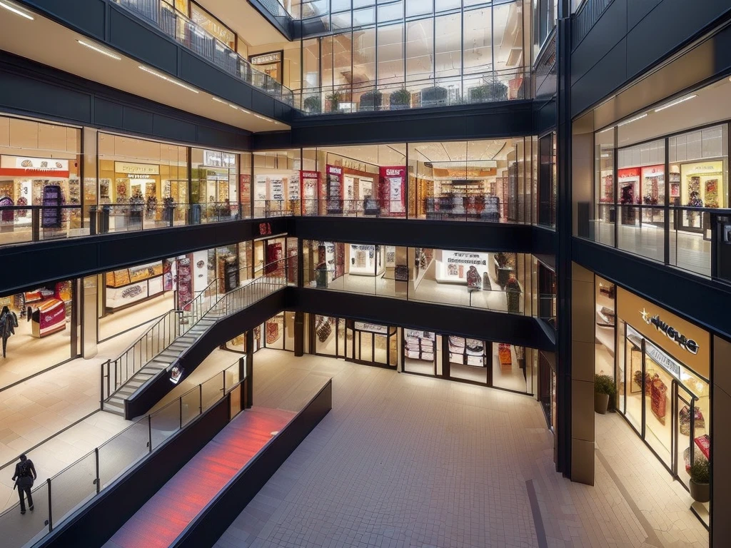 (((Masterpiece))), (high quality),(Very small shopping mall,Daytime.unmanned,All the lights are off:1.5),(All the stores are independent and all have one floor.:1.5),There is a parking lot in front of the shopping mall,There is no car in the parking lot,Low - Angle,From a human perspective