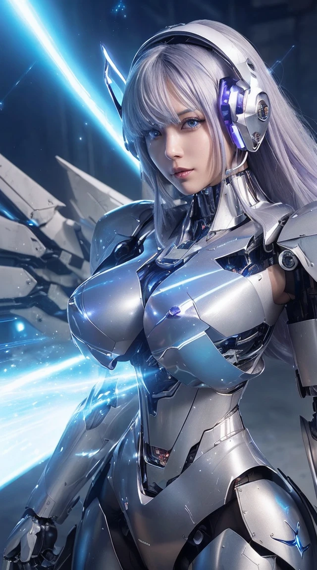 ((Extreme close up:1.6))、(((Lenses shining on both breasts:1.3)))、((Blue pillars of light radiate from both of his chests..:1.3))、break、(((Dynamic pose:1.8)))、smile、((8K)), ((32k)), ((Highest quality)), ((masterpiece)), ((超A high resolution)), ((Tmasterpiece)), ((Halation:1.4))、((Mechaニカルheadgear:1.2))、((Cyber Headphones:1.3))Fine skin, High quality fabric, High-quality metal texture、((Beautiful and dense face))、RAW Photos、Professional, Ultra-fine painting, ((alone)), Beautiful breasts、Highest quality, Very detailed, Very detailed詳細, Finer details, so beautiful, ((Princess Knight Robot:1.2)), (Joint of the machine, Mechanical Limbs:1.3), (The internal structure of the machine is exposed:1.3), (Long silver hair:1.1), (Beautiful and huge mechanical breasts)、White Veil, cowboy_shot, Side Focus, headgear, Shiny、(Five Fingers, Four fingers and thumb),Concept Art, Anime fantasy artwork, Detailed fantasy art, (with pale blue-violet hair and large white wings,,,,,,,,), (((Long silver hair))), (Mecha:1.6)、Sleek and intimidating design, ((Commander-in-Chief'arm)), (Perfect robot body)、純白と青紫のarmまたは, Symmetrical wings, 8K High Resolution, Detailed Art, 3D rendering of character art in 8K, neat legs, Defined, Defined fingers,((headshot:1.3))