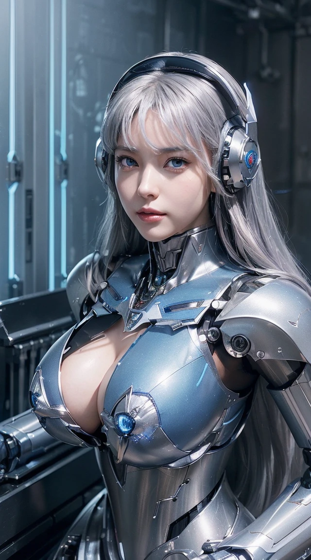 ((Intense action pose:1.6))、((Shining lenses on both breasts:1.3))、((Blue pillars of light are emanating from both chests.:1.3))、smile、((8K)), ((32k)), ((Highest quality)), ((masterpiece)), ((超A high resolution)), ((Tmasterpiece)), ((Halation:1.4))、((Mechaニカルheadgear:1.2))、((Cyber Headphones:1.3))、Fine skin, High quality fabric, Fine metal texture、((Beautiful and dense face))、RAW Photos、Professional, Ultra-fine painting, ((alone)), Beautiful breasts、Highest quality, Very detailed, Very detailed詳細, Finer details, so beautiful, ((Princess Knight Robot:1.2)),  (Joints of machines, Mechanical Limbs:1.3), (The internal structure of the machine is exposed:1.3), (Long silver hair:1.1), (Beautiful and huge mechanical breasts)、White Veil, cowboy_shot, Side Focus, headgear, Shiny、(Five Fingers, Four fingers and thumb),Concept Art, Anime fantasy artwork, Detailed fantasy art, (with pale blue-violet hair and large white wings,,,,,,,), (((Long silver hair))), (Mecha:1.6)、Sleek and intimidating design, ((Commander-in-Chief&#39;arm)), (Perfect robot body)、純白と青紫armまたは, Symmetrical wings, 8K high quality, detailed art, 3D rendering of character art in 8K, neat legs, Defined, Defined fingers,