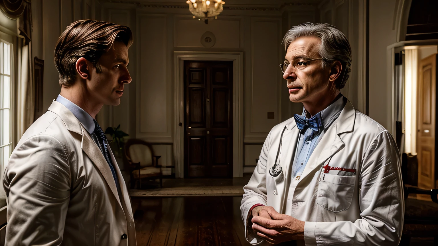 image of a handsome white man, 30years, Doctor, preoccupied, talking to his father and mother in the mansion's living room