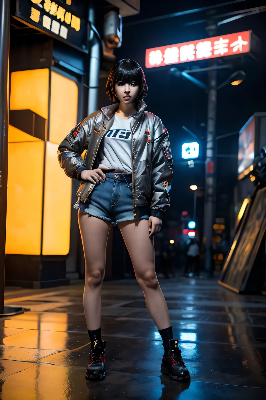 anime girl in short shorts and jacket standing next to giant robot, artwork in the style of guweiz, cyberpunk anime girl mech, trending on cgstation, guweiz, by Russell Dongjun Lu, digital cyberpunk anime art, ross tran 8 k, guweiz on artstation pixiv, girl in mecha cyber armor