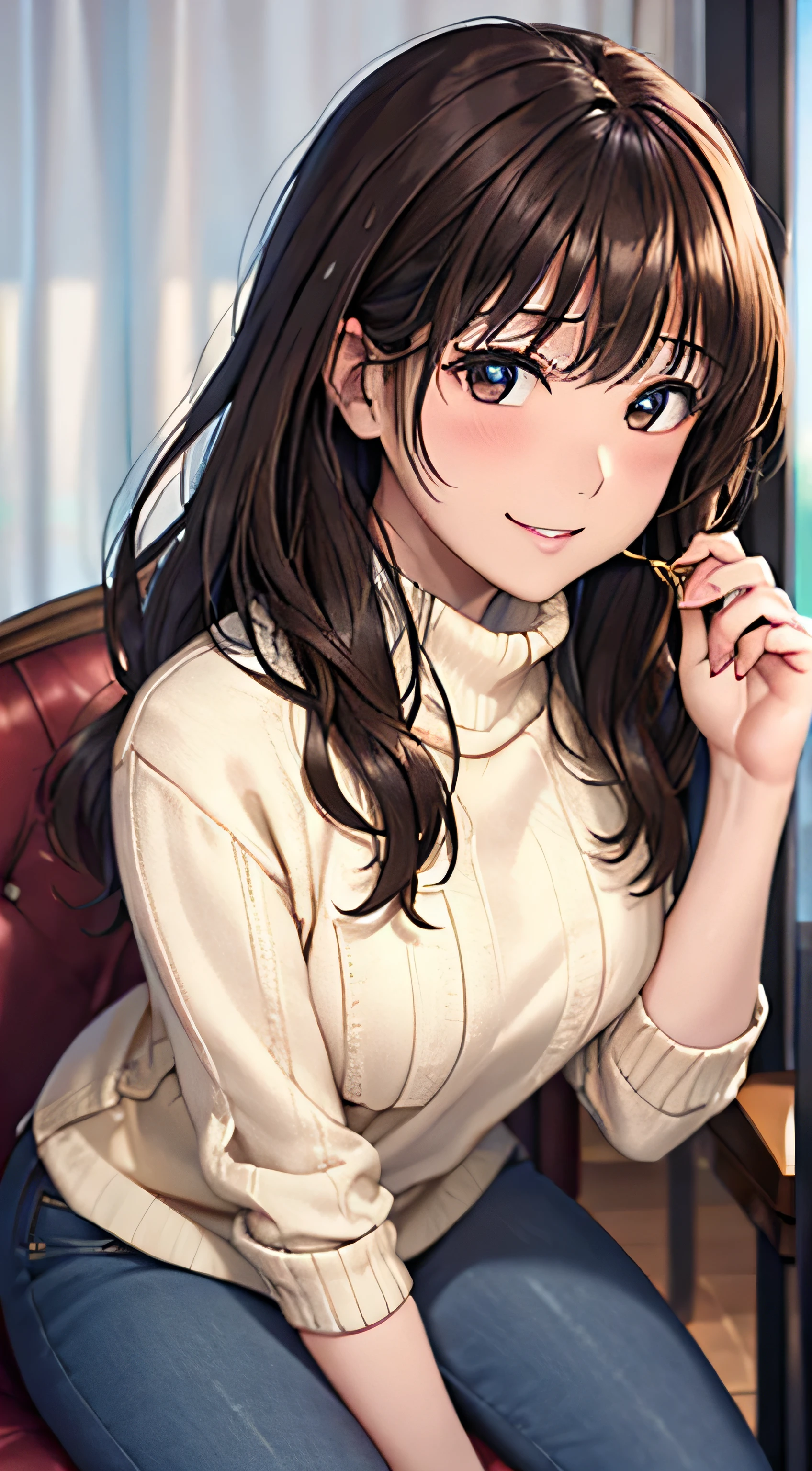 ((Tabletop, Highest quality, High resolution, , Pixel Perfect, 4K,))), 1 female, 、The whole body is visible、 ((Long Wavy Hair, bangs, Brown Hair)), ((Brown eyes, Beautiful eyelashes, Realistic eyes)), ((Detailed face, Blushing:1.2)), ((Smooth texture:0.75, Realistic texture:0.65, Realistic:1.1, Anime CG Style)), Medium sized breasts, Dynamic Angle, Perfect body, (( , , Light Beige Turtleneck Sweater、、、 Tight denim pants、、、)), Gold Hair Ornament、Cross Necklace、、Very embarrassing panic smile, 、、、、、、、Looking up、Put your elbows on the table、Bring your chest together with both hands、Sit on a chair、、Luxury apartment kitchen、、、、、、 、)、