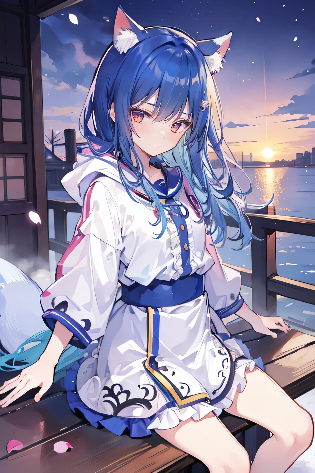 （masterpiece：1.2），Super detailed，lifelike，Expressive eyes，fair skin，perfect face shape，1 girl，
Japanese comics,Gorgeous blue hair,flowing blue hair,flowing clothes,Cat ears,Petals fall,beautiful lola,Baby Angel,sunrise,
Shaking head with one hand，Cross your legs，Gentle and peaceful background，The pavilion is cool and comfortable,smile, wearing hoodie, background of tokyo,back views,snowing, winter，seaside，wet clothes，A smile，A faint smile，。