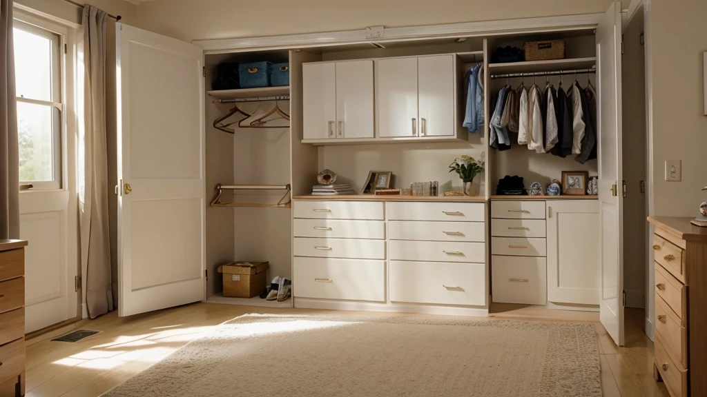 [Soft instrumental music plays in the background as the scene opens to a spacious, well-lit bedroom. The camera pans across a room filled with shelves, drawers, and a closet, each holding memories and emotions waiting to be sorted through.]