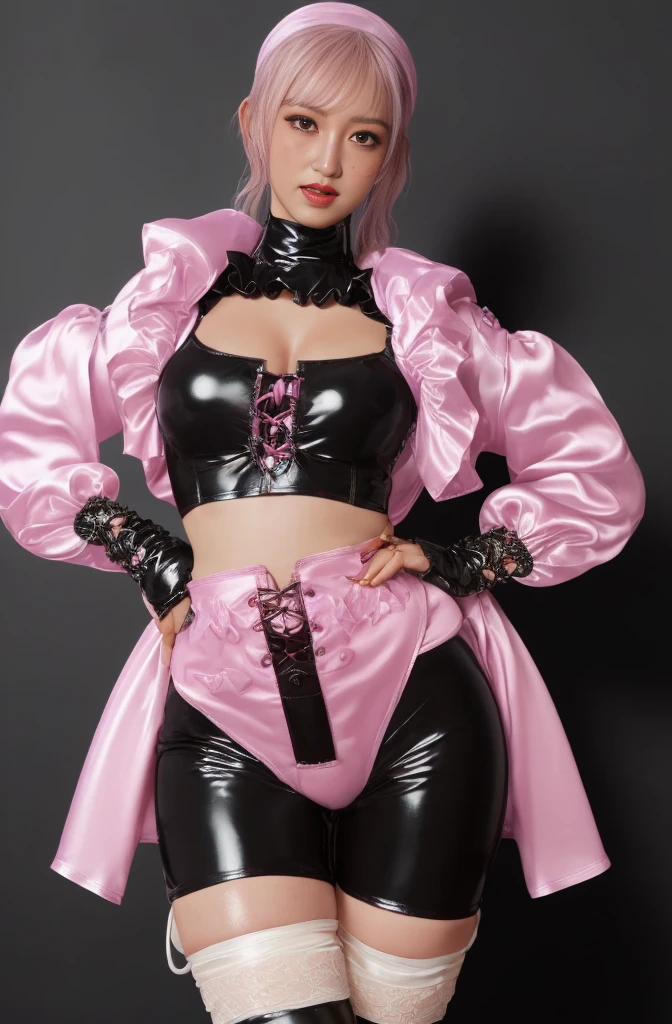 ((nsfw:1.9)),
((curvy hips:1.5)),((puffy crotch:1.5 )),(((low leg skimpy croch)) ((ultra high detail crotch seam:2.0)) (((low waist micro shorts:1.8)),,,((curvy crotch :1.2~1.7 )),((wide hips1.5)),((camel toe:1.9 )), ((plump thighs:1.7 ))), ((ultra high detailed skin:1.9)),(32k, RAW photo, best quality, masterpiece:1.8), (ultra highres realistic, photo-realistic:1.8), (extremely detailed 8k wallpaper), 23yo woman, (detailed face: 1.4)((ultra high detail latex idol outfit:1.5 )),(detailed face: 1.5),
(best quality:1.5),22yo woman,
(detailed face: 1.4)best quality, masterpiece,kpop idol,((ultra high detail latex idol outfit:1.5 ))((hyperdetailed grossy latex clothing:1.8 ))(ultra-detailed shiny glossy latex)((ultra high detail latex idol outfit:1.7)),(( midriff pink puffer jacket)))
((High Detail shiny pink-white latex cropped down jacket )),
((hyperdetailed grossy latex clothing:1.8 )),(((micro low-waist shorts:1.2~1.7) )),((ultra high detail crotch seam:2.0))
,((low leg skimpy croch))),((low leg micro shorts:1.2~1.7 )) (high detail white twe-tone satin frilled shirt:1.9) ((ultra high detail pink twe-tone low leg skimpy shorts:1.2~1.7 )),((low leg skimpy low-waist shorts2.0)) (ultra high detail garter belt garter straps:1.2),(bulge:1.5)(black hair;1.8 )(oily hair :1.8),(high detailed blushing cheeks:1.7) (ultra high detail intricate thigh lace-up boots:1.3)