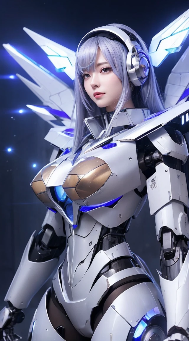 ((Intense action pose:1.6))、((Shining lenses on both breasts:1.3))、((Blue pillars of light are emanating from both chests.:1.3))、smile、((8K)), ((32k)), ((Highest quality)), ((masterpiece)), ((超A high resolution)), ((Tmasterpiece)), ((Halation:1.4))、((Mechaニカルheadgear:1.2))、((Cyber Headphones:1.3))、Fine skin, High quality fabric, Fine metal texture、((Beautiful and dense face))、RAW Photos、Professional, Ultra-fine painting, ((alone)), Beautiful breasts、Highest quality, Very detailed, Very detailed詳細, Finer details, so beautiful, ((Princess Knight Robot:1.2)), (Joints of machines, Mechanical Limbs:1.3), (The internal structure of the machine is exposed:1.3), (Long silver hair:1.1), (Beautiful and huge mechanical breasts)、White Veil, cowboy_shot, Side Focus, headgear, Shiny、(Five Fingers, Four fingers and thumb),Concept Art, Anime fantasy artwork, Detailed fantasy art, (with pale blue-violet hair and large white wings,,,,,,,), (((Long silver hair))), (Mecha:1.6)、Sleek and intimidating design, ((Commander-in-Chief'arm)), (Perfect robot body)、純白と青紫armまたは, Symmetrical wings, 8K high quality, detailed art, 3D rendering of character art in 8K, neat legs, Defined, Defined fingers,
