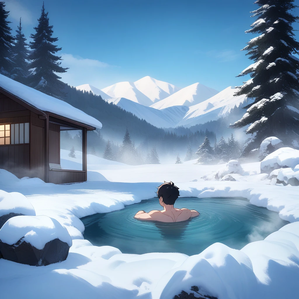 Masterpiece, best quality, very aesthetic, absurdres, create an image of anime ((male character)) and landscape in comedy shounen art style. up in the middle of dark high mountain, with blizzard snow and freezing temperatures, there are no shelter to be found. there is only a tiny hot spring available only. our ((male hero)), wearing swimming trunk, take a dip into the hot spring to keep warm
