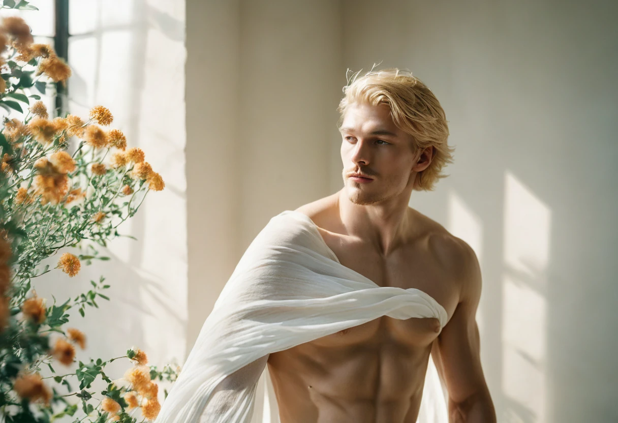 Art photography, emphasizing the colors and proportions of a man's strong but gentle body. In an atmosphere of warm tones and natural light, he has blonde hair,  and beautiful chest hair. A see-through white cloth covered the naked bottom,penis ,The model lies in a pose resembling The Creation of Adam.,The atmosphere is a flower garden, soft sunlight, soft, soft light tones, taken with a film camera ,full body shot ,Depth of Field ,dust bokeh