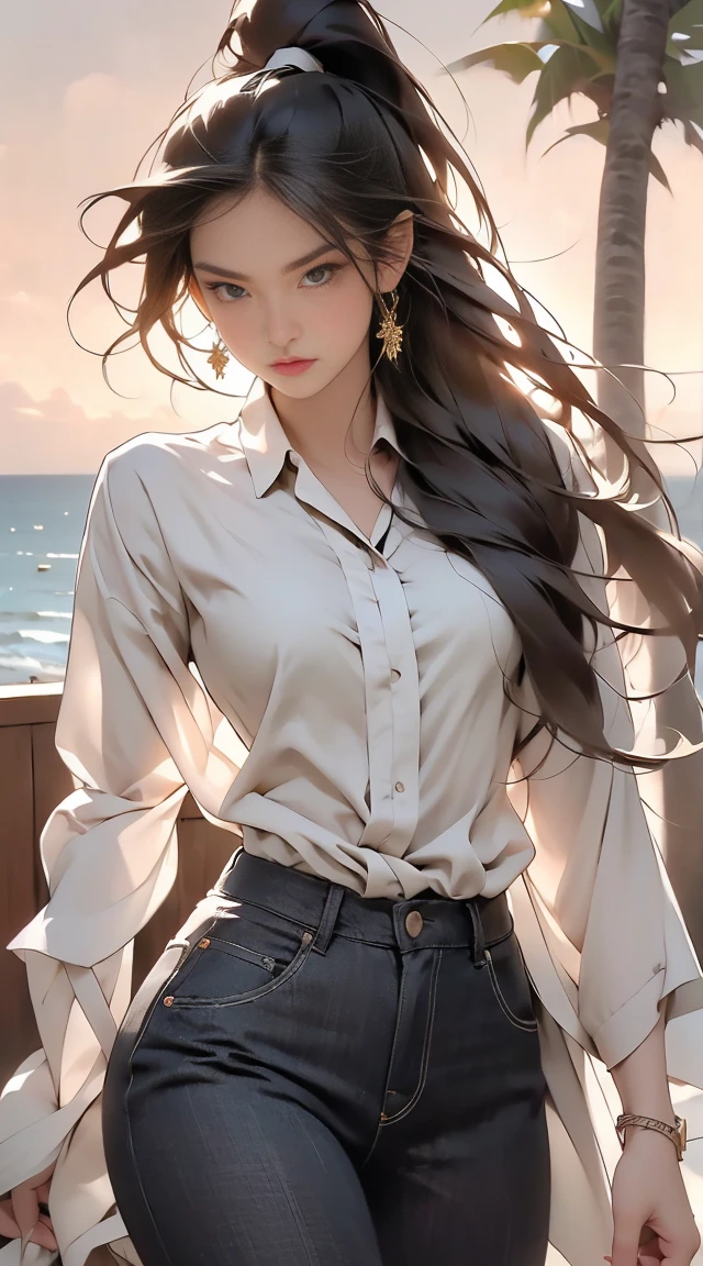((Highest quality, 8K, masterpiece :1.3)), ((masterpiece, Highest quality, High resolution, Super detailed),(beautifully、Aesthetically beautiful:1.2), 1 female, Adult, Perfect body, Wavy black hair, Green Eyes, Tie your hair back、She has a beautiful ponytail, Detailed eyes and face, Oversized long shirt, Swimwear, Tight clothing , bikini, Golden Hour, Beach, Ocean, sand, Palm tree,