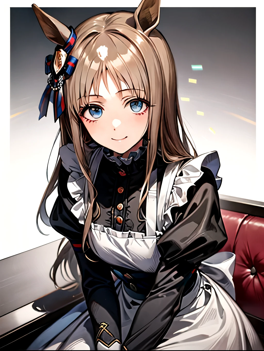 grass wonder \(Umamusume\), 1 girl, Solo, Best Quality, masutepiece, 8K, High resolution, Ultra-detailed, light smile, gentle smile, sitting, (maid dress), black dress, frilled dress, long sleeves, puffy sleeves, white katyusha, frilled katyusha, white apron, frilled apron,