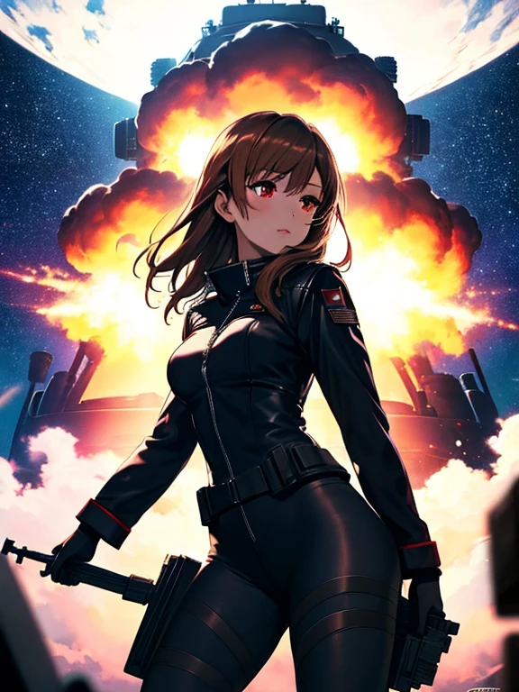 Space War, Space Battleship, positron cannon, Big Explosion, Space Battleship, (masterpiece), highest quality, Misaka Mikoto, 1girl, uhd, retina, masterpiece, ccurate, anatomically correct, textured skin, super detail, high details, high quality, best quality, highres, 4K