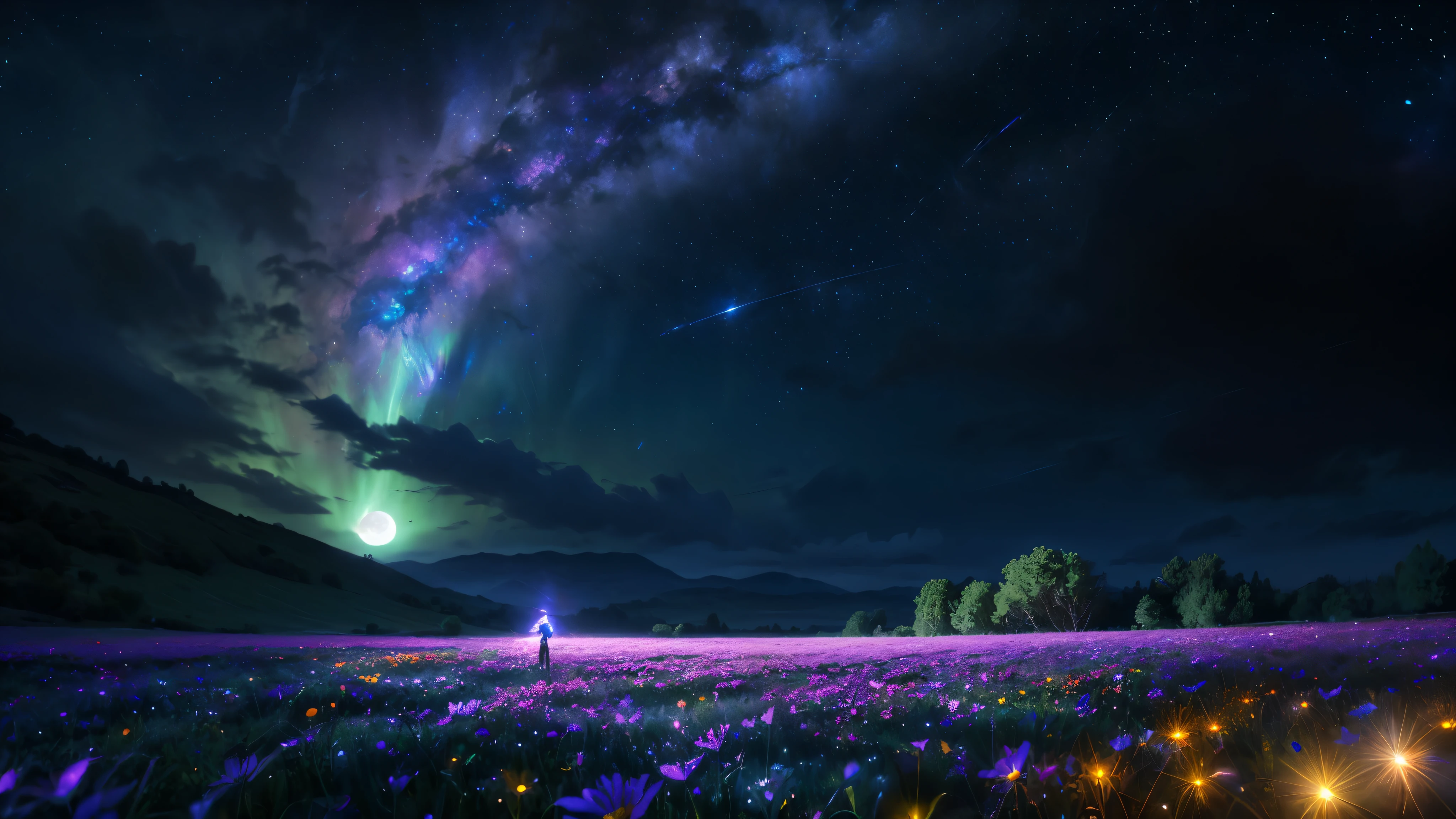 Extensive landscape photography, (bottom view, showing the sky above and open country below), A girl stands among a flower field and looks up, (full moon: 1.2), (falling stars: 0.9), (nebula : 1.3), distant mountain, BREAK the art of making trees, (warm light source: 1.2), (Firefly: 1.2), lamp, lots of purple and orange, complex parts, volumetric lighting, DESTROY realism (masterpiece: 1.2) , (Best quality), 4K, ultra detailed, (dynamic compositing: 1.4), very detailed, colorful details, (iridescent colors: 1.2), (bright lighting, atmospheric lighting), Dreamy, magic, (One: 1.2)