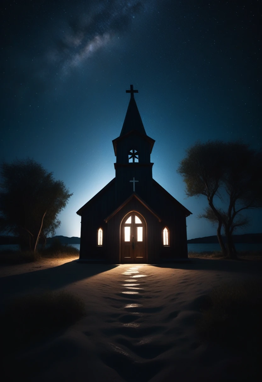 creepy small church on an island, wooden church, small church, wooden cross, dark, darkness, midnight, starry sky, broken windows, double door entrance, masterpiece quality, best quality possible, ultra HD, 4K