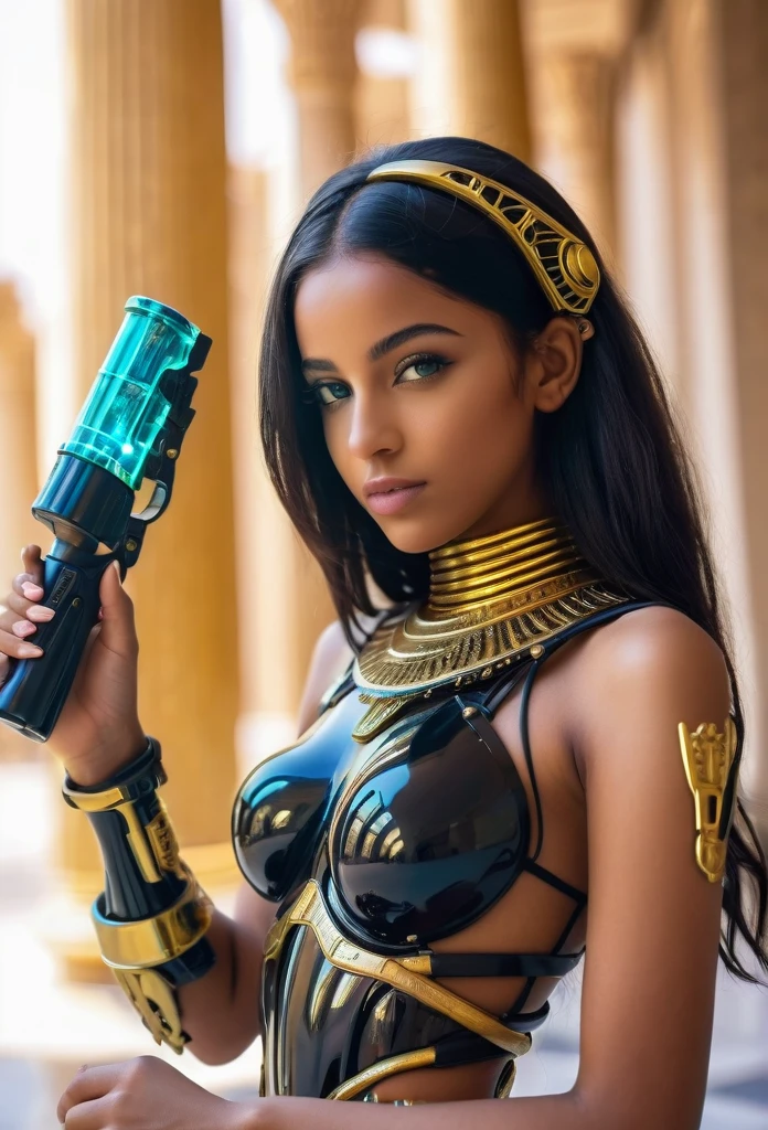 close-up, without clothes cute sexual black arabic 17 years girl wears an insectoid exoskeleton made from glass parts,holds in hand and shoots me from high tech pulse neon blaster , looking at me, flirt, love me, cybernetic parts of body, straight hair, against the backdrop gold Egyptian columns, ultra high quality detailing
