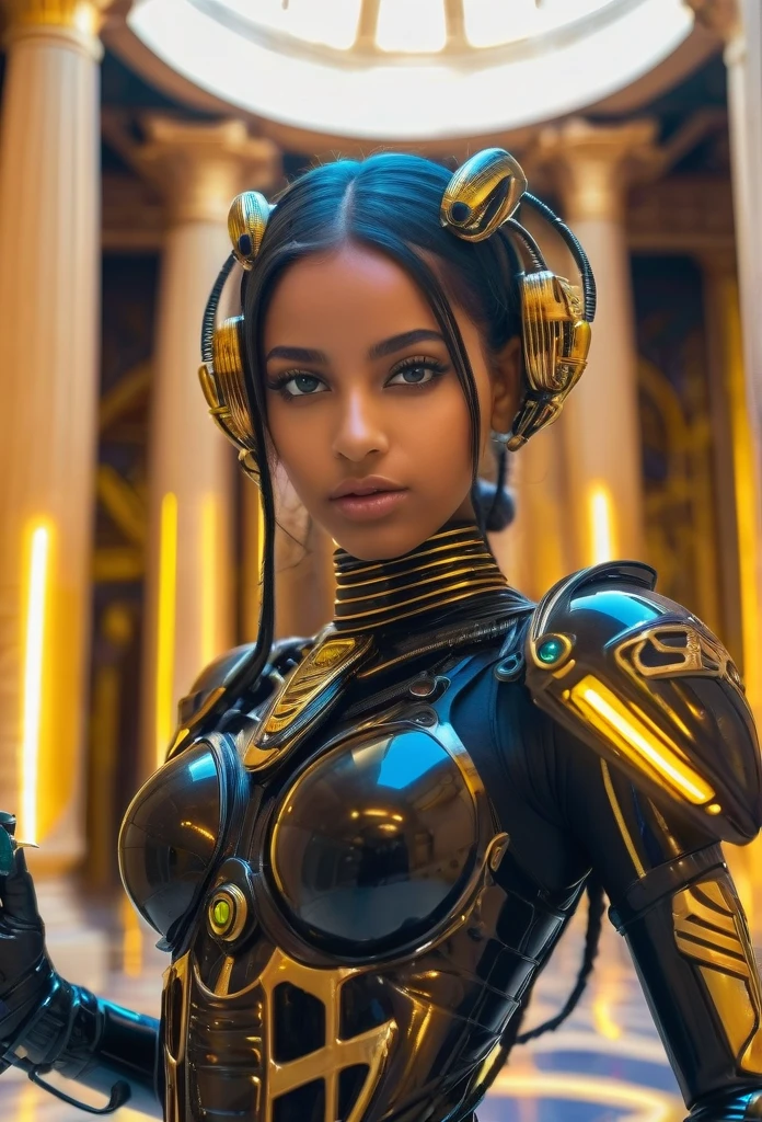 close-up, without clothes cute sexual black arabic 17 years girl wears an insectoid exoskeleton made from glass parts,holds in hand and shoots me from high tech pulse neon blaster , looking at me, flirt, love me, cybernetic parts of body, straight hair, against the backdrop gold Egyptian columns, ultra high quality detailing