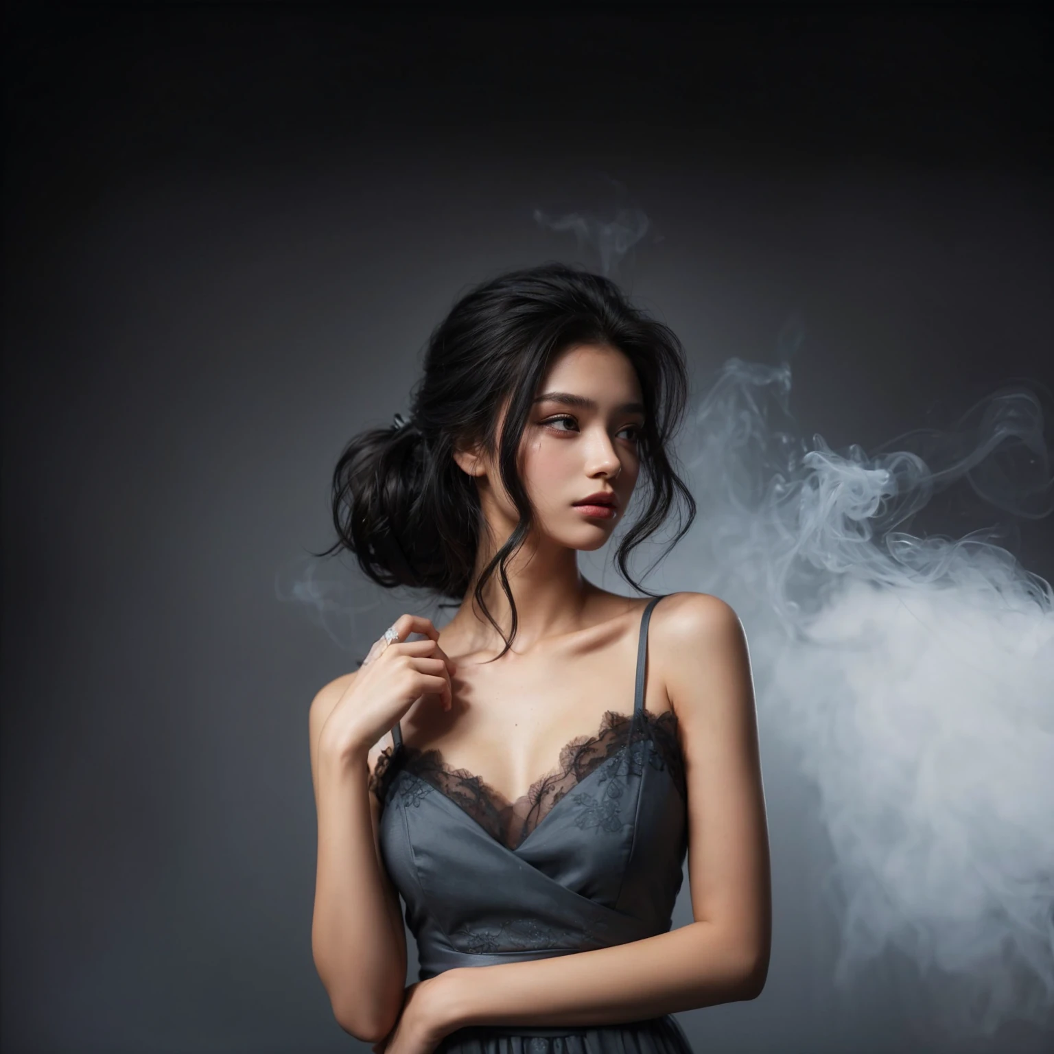 "A photo of a beautiful 20-year-old girl, wearing a dress, with medium black hair, hair decoration, looking to the side, posing elegantly, bold gray background, smoke effect. 4k, UHD, realistic, masterpiece."