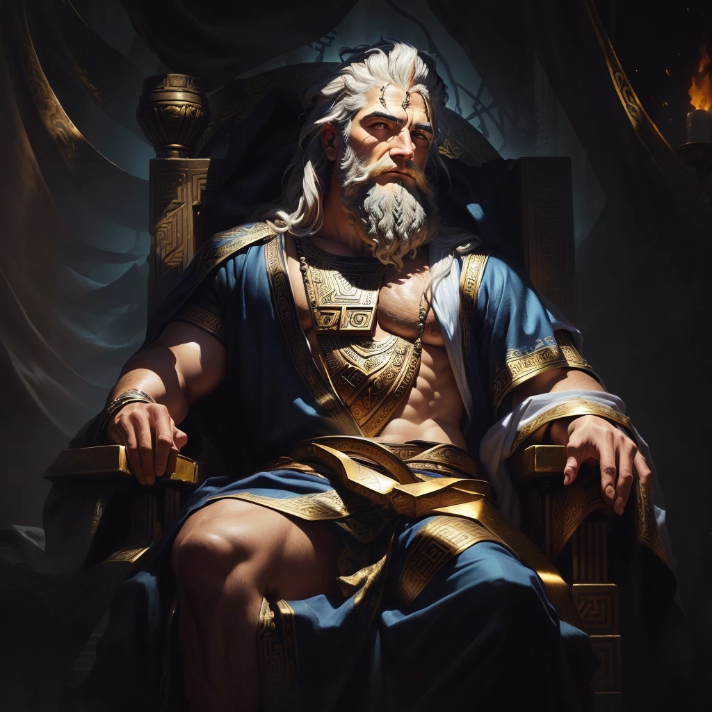 arafed image of a man sitting in a throne with a fire in his hand, furious god zeus, the god zeus, the god hades, epic scene of zeus, greek god, the god poseidon, ancient god, painted portrait of rugged zeus, ancient blacksmith god, father time, the god hephaestus, greek myth digital painting, norse god