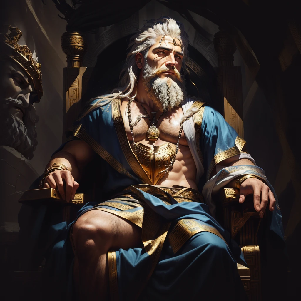 arafed image of a man sitting in a throne with a fire in his hand, furious god zeus, the god zeus, the god hades, epic scene of zeus, greek god, the god poseidon, ancient god, painted portrait of rugged zeus, ancient blacksmith god, father time, the god hephaestus, greek myth digital painting, norse god
