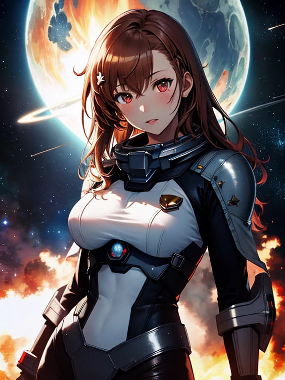 Space War, Space Battleship, positron cannon, Big Explosion, Space Battleship, (masterpiece), highest quality, Misaka Mikoto, 1girl, uhd, retina, masterpiece, ccurate, anatomically correct, textured skin, super detail, high details, high quality, best quality, highres, 4K