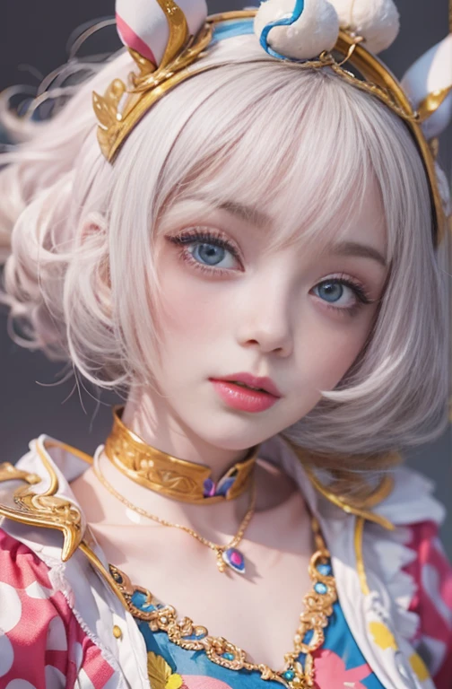 28 years old, Close-up portrait of a woman in a colorful clown costume、Shoulder out、thin、Serious expression、Short-haired、Deadly position, Gorgeous Necklace, Light milky porcelain skin, Smooth, Translucent white skin, Enchanting anime girl, Beautiful and seductive anime woman, Ultra realistic sweet bunny girl, Pale porcelain white skin, Smooth, Realistic and perfect body, Anime Girl Cosplay, Perfect body with realistic shadows, Switzerland&#39;masterpiece