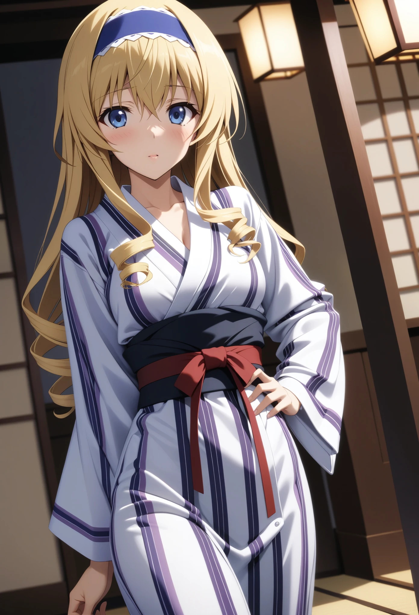 masterpiece, best quality, very aesthetic, absurdres,
1girl, cecilia alcott, infinite stratos, blonde hair, blue eyes, headband, drill hair, hand on own hips, blush, bath yukata, yukata, japanese clothes, kimono, belt, looking at viewer,