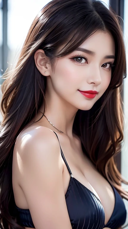 (((A real beauty))), RAW Photos, Black Hair、folder、Round eyes、False eyelashes、Straight Hair, Wavy Hair、correct、Crimson lipstick、Striped Hair、Brown Hair、Blue Hair、(Gradient Hair)、Asymmetrical Hair、Hair behind the ear、Crossed bangs、Long Hair、((お尻までLong Hair))、Long Hair、Straight bangs、Smooth, silky hair、Hair up on one side、とんでもなくLong Hair、Light brown eyes、Ring Eye、Round eyes、Wicked Smile、A light smile、Cast a Shadow、(Extraordinary presence)、Atmospheric perspective、Backlight、Exposure、Lens flare、、最high quality、超High resolution、超High resolution、Very realistic, masterpiece、correct、Textured skin、high quality、最high quality、Awards、32k, 髪のfolder、Cunning、（Close your eyes and smile）、Shy laugh、Redness in the ears、correct、Subjective、Shine、360° View、Very detailed、超High resolution、解剖学的にcorrect、masterpiece、Emphasize the chest、High resolution、High detail、Long eyelashes、A slight blush、Compensate, (((Full Body Shot)))、（Hands on hips）、Captivating pose、Shooting from a distance、Various angles of view、Eye-Level 、Sony FE、(((Face close-up))),